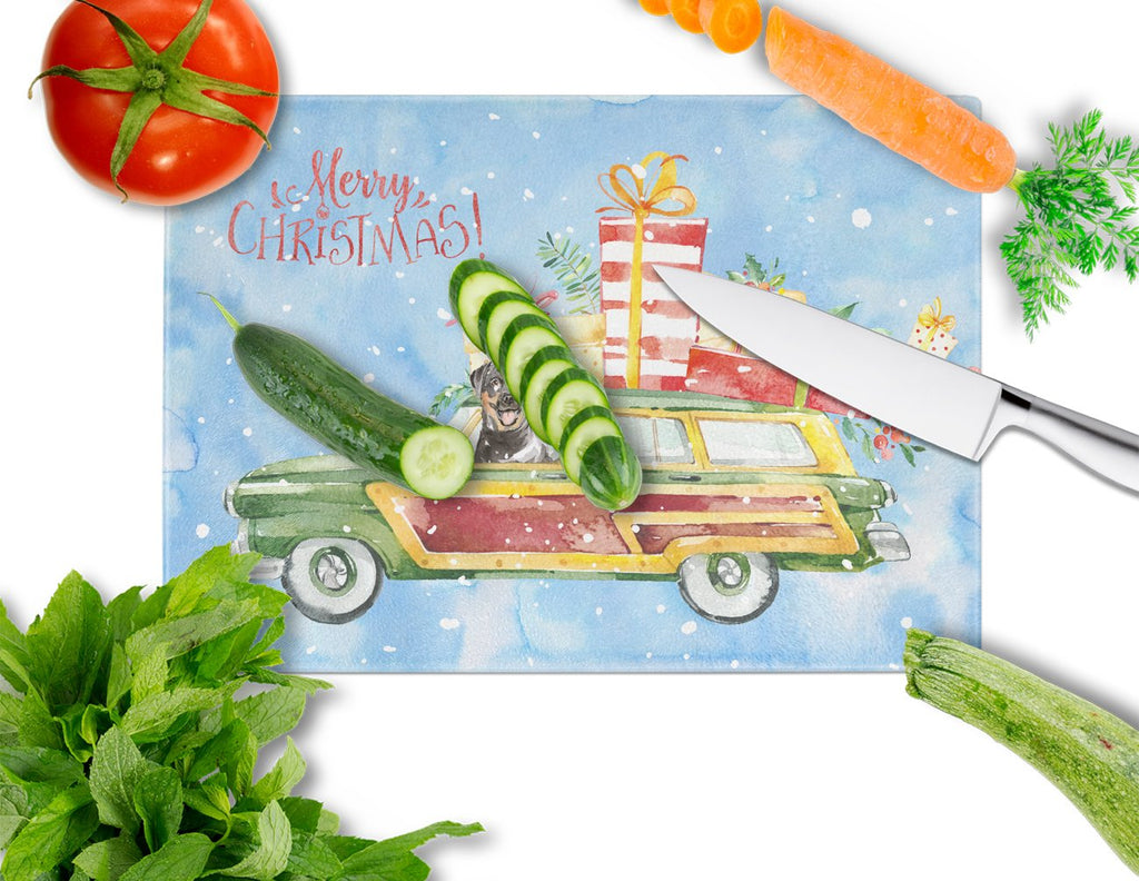 Merry Christmas Rottweiler Cutting Board Tempered Glass Kitchen Cutting Surface, Heat Resistant Chopping, Non-Slip Feet, Food Prep & Serving
