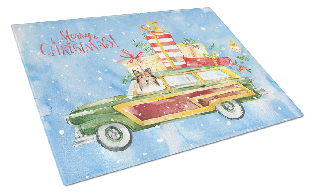 Merry Christmas Sheltie Cutting Board Tempered Glass Kitchen Cutting Surface, Heat Resistant Chopping, Non-Slip Feet, Food Prep & Serving