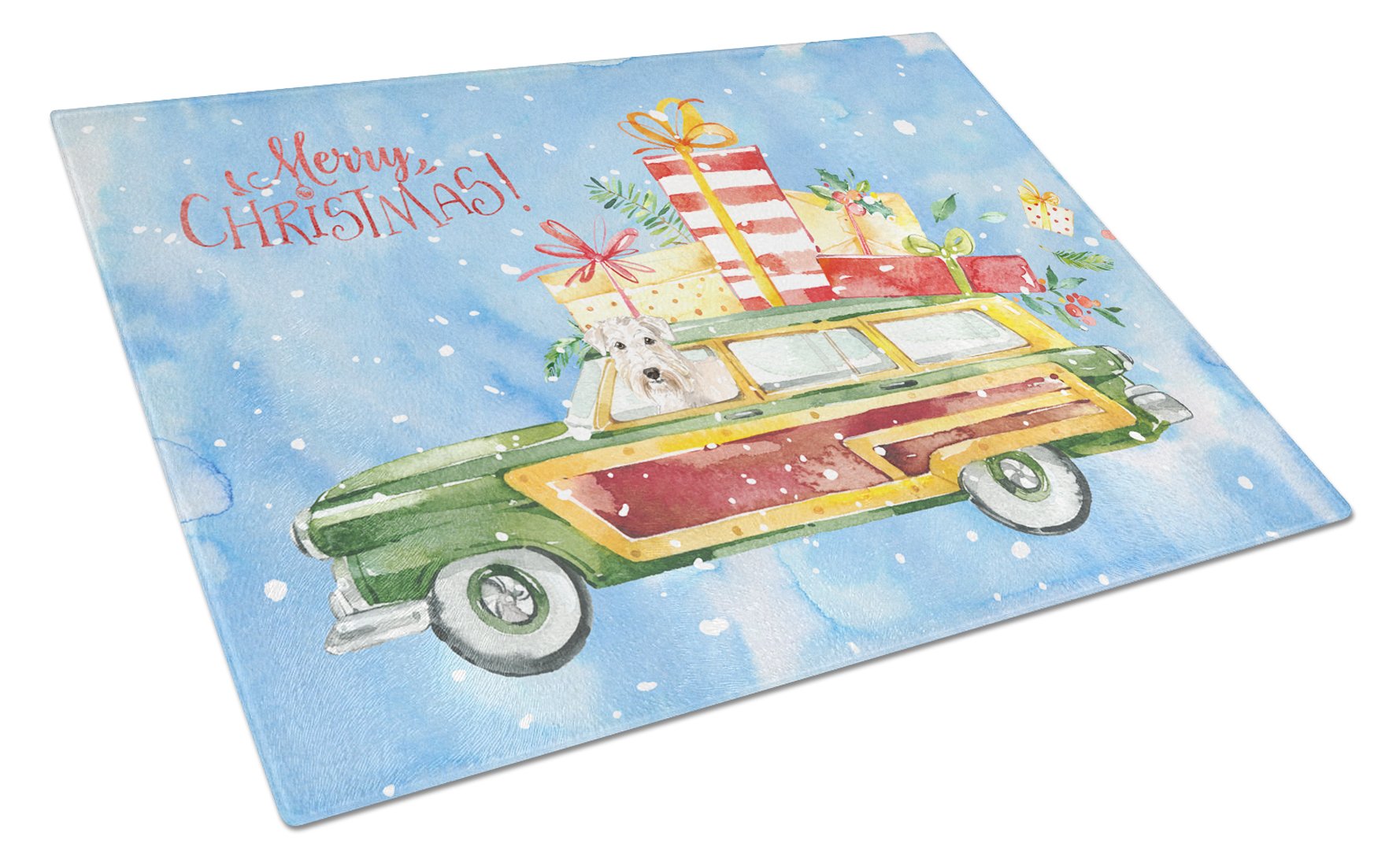 Merry Christmas Wheaten Terrier Cutting Board Tempered Glass Kitchen Cutting Surface, Heat Resistant Chopping, Non-Slip Feet, Food Prep & Serving
