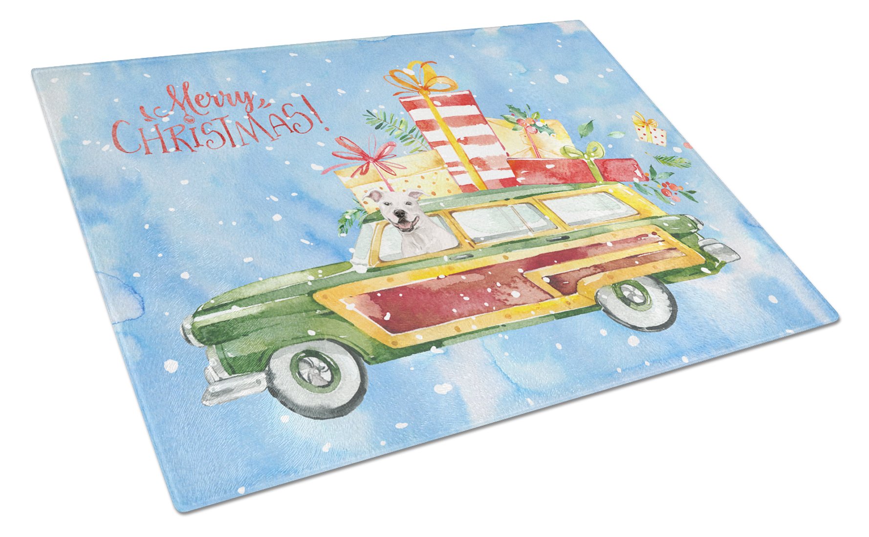 Merry Christmas White Staffordshire Bull Terrier Cutting Board Tempered Glass Kitchen Cutting Surface, Heat Resistant Chopping, Non-Slip Feet, Food Prep & Serving