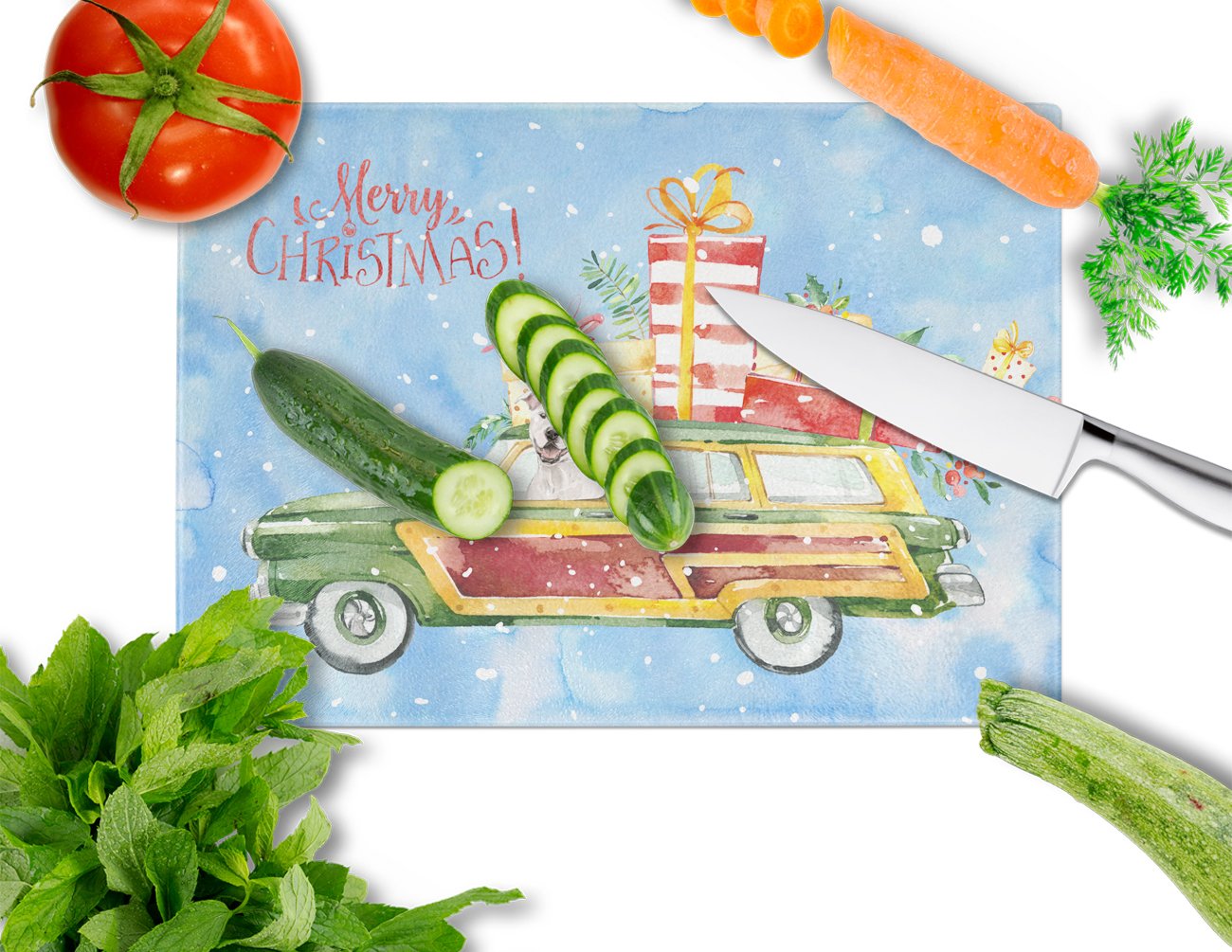 Merry Christmas White Staffordshire Bull Terrier Cutting Board Tempered Glass Kitchen Cutting Surface, Heat Resistant Chopping, Non-Slip Feet, Food Prep & Serving