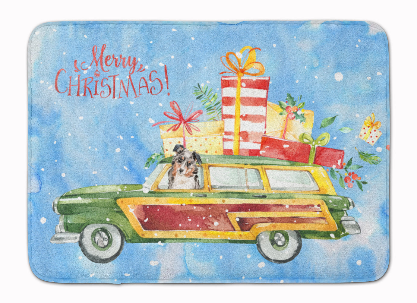Merry Christmas Australian Shepherd Memory Foam Kitchen Mat Machine Washable Anti-Fatigue Cushion Comfort Bath or Kitchen Rug