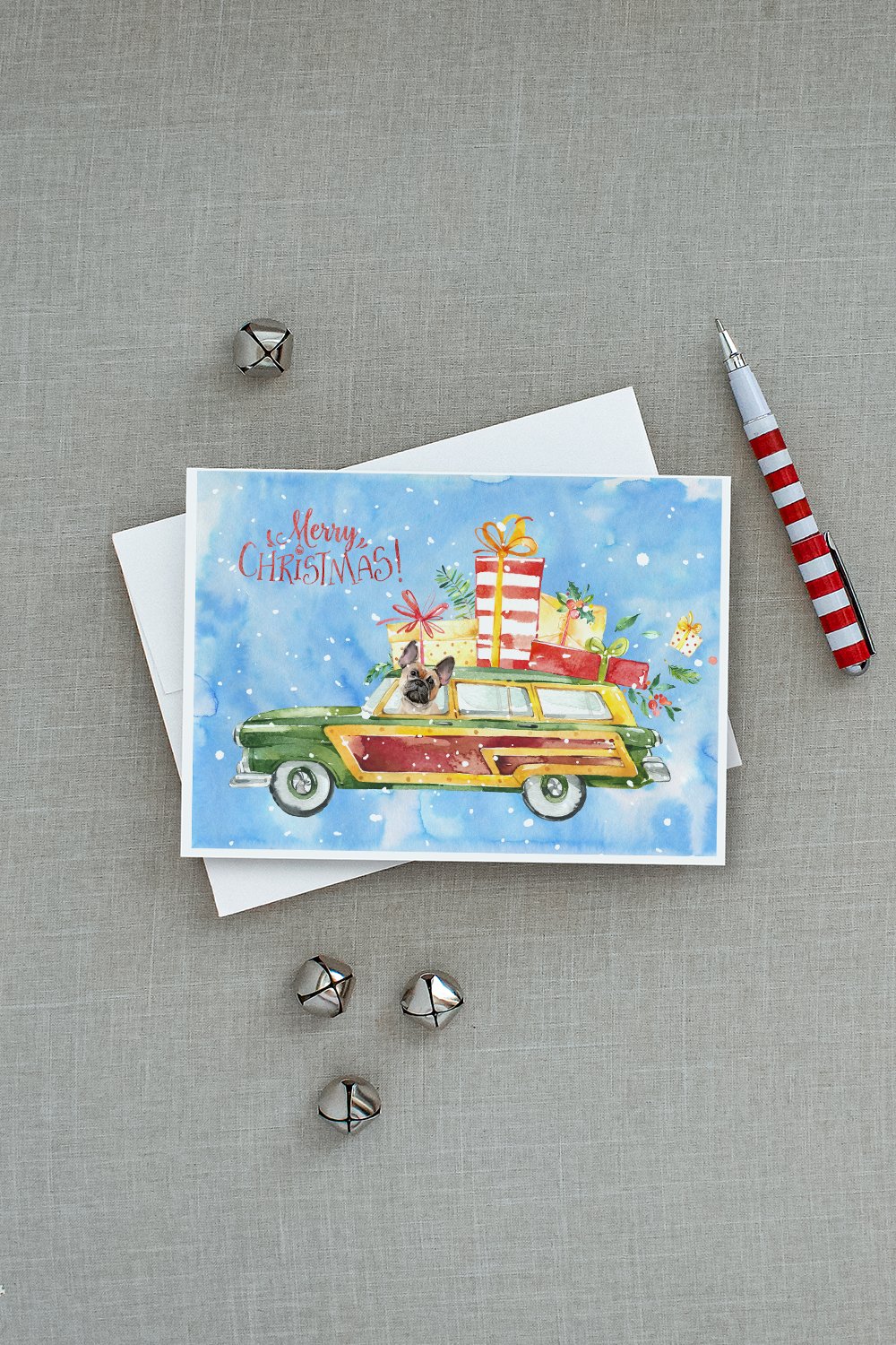 Merry Christmas Fawn French Bulldog Greeting Cards Pack of 8 Blank Cards with Envelopes Whimsical A7 Size 5x7
