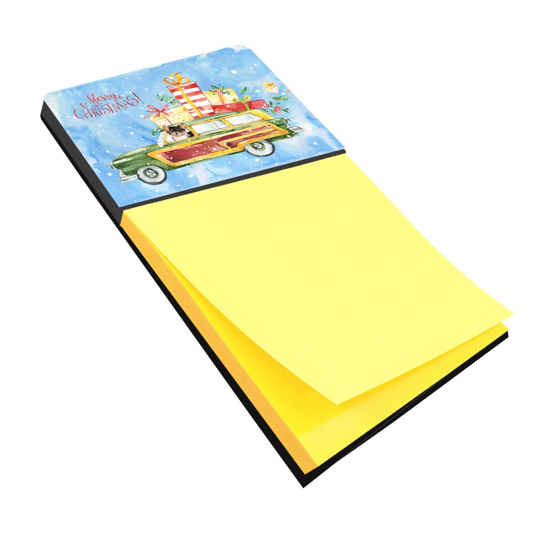Merry Christmas Long Haired Chihuahua Watercolor Sticky Note Holder Refillable Dispenser Desk Accessory 3x3 Pad Gift