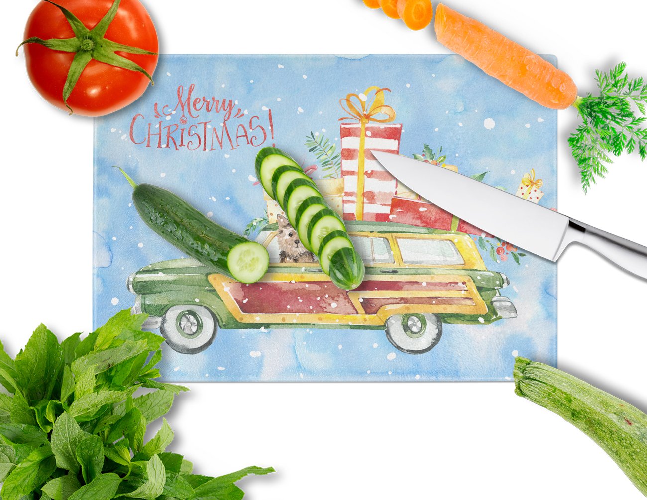 Merry Christmas Norwich Terrier Cutting Board Tempered Glass Kitchen Cutting Surface, Heat Resistant Chopping, Non-Slip Feet, Food Prep & Serving