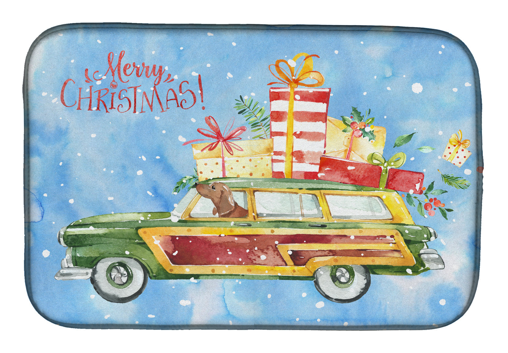 Merry Christmas Red Dachshund Dish Drying Mat Absorbent Dish Drying Mat Pad for Kitchen Counter Dish Drainer Mat for Countertop, 14 x 21", Multicolor