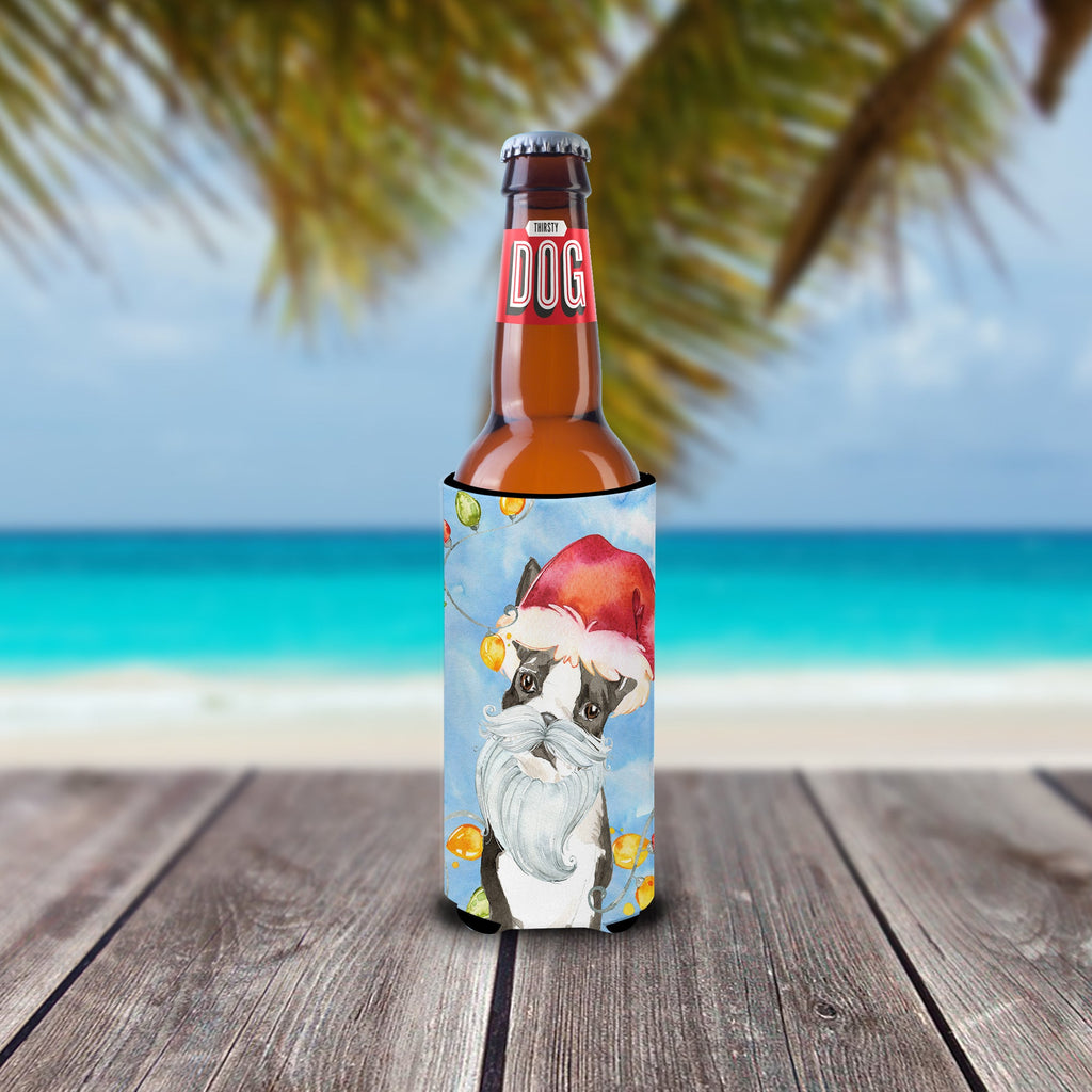 Christmas Lights Boston Terrier Slim Can Hugger , Insulated Foam Hugger for 12 oz Slim Cans, Beer Bottles & Water Bottles, Printed in USA