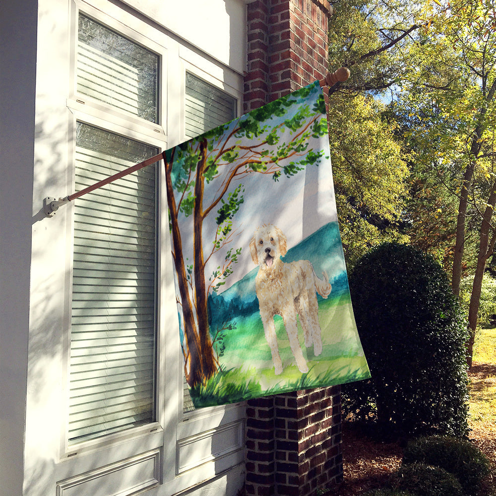 Under the Tree Goldendoodle House Flag 28x40 Porch Sleeve Pole Decorative Outside Yard Banner Artwork Wall Hanging, Polyester