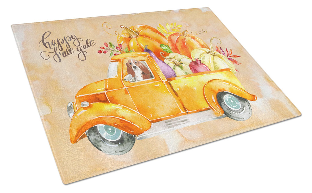Fall Harvest Basset Hound Cutting Board Tempered Glass Kitchen Cutting Surface, Heat Resistant Chopping, Non-Slip Feet, Food Prep & Serving