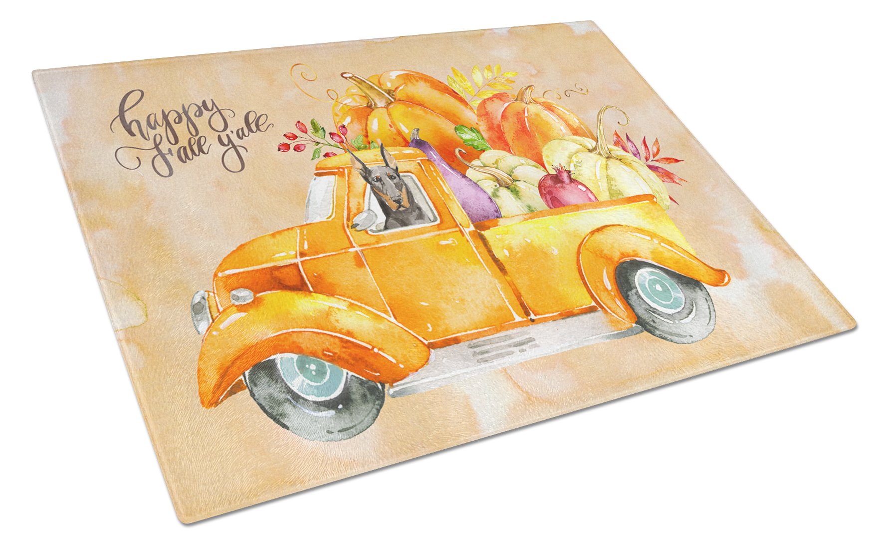 Fall Harvest Doberman Pinscher Cutting Board Tempered Glass Kitchen Cutting Surface, Heat Resistant Chopping, Non-Slip Feet, Food Prep & Serving