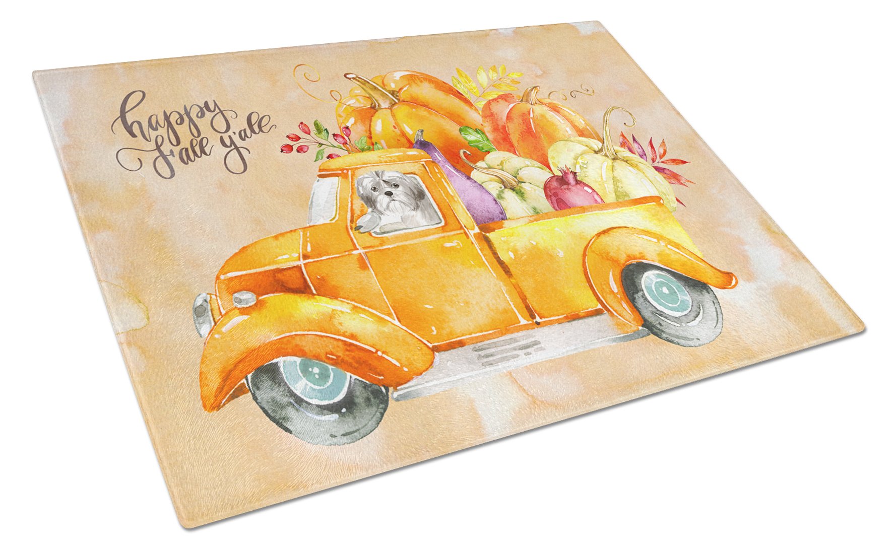 Fall Harvest Shih Tzu Puppy Cut Cutting Board Tempered Glass Kitchen Cutting Surface, Heat Resistant Chopping, Non-Slip Feet, Food Prep & Serving