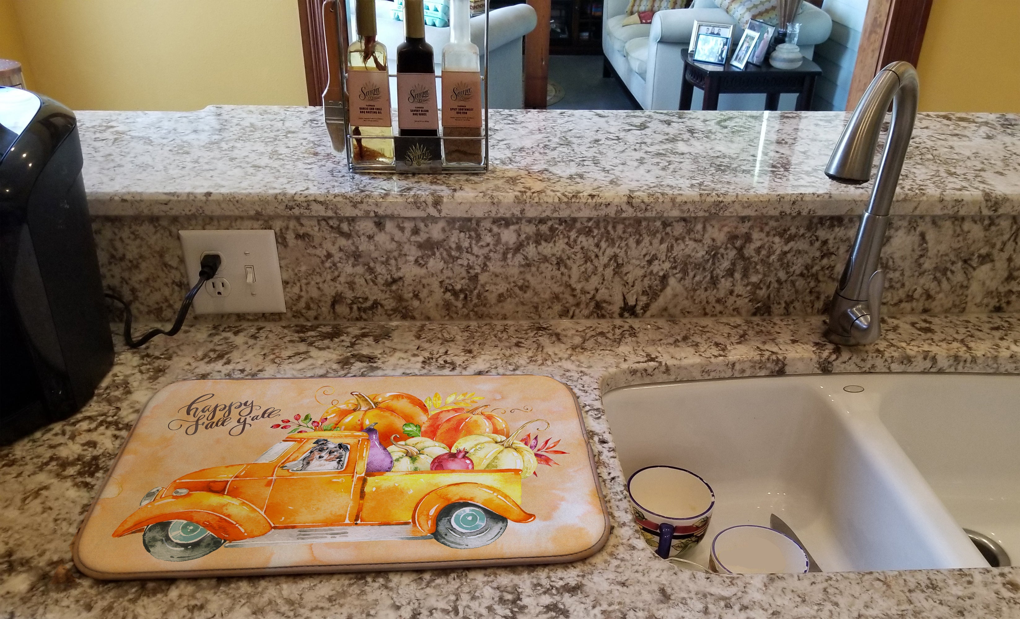 Fall Harvest Australian Shepherd Dish Drying Mat Absorbent Dish Drying Mat Pad for Kitchen Counter Dish Drainer Mat for Countertop, 14 x 21", Multicolor