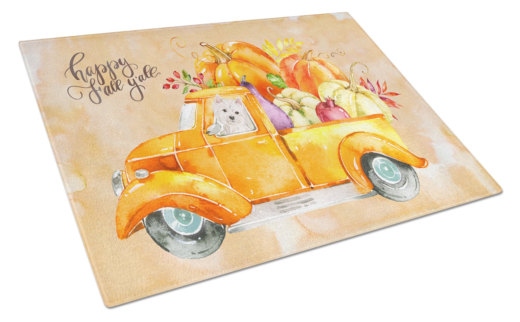 Fall Harvest Westie Cutting Board Tempered Glass Kitchen Cutting Surface, Heat Resistant Chopping, Non-Slip Feet, Food Prep & Serving