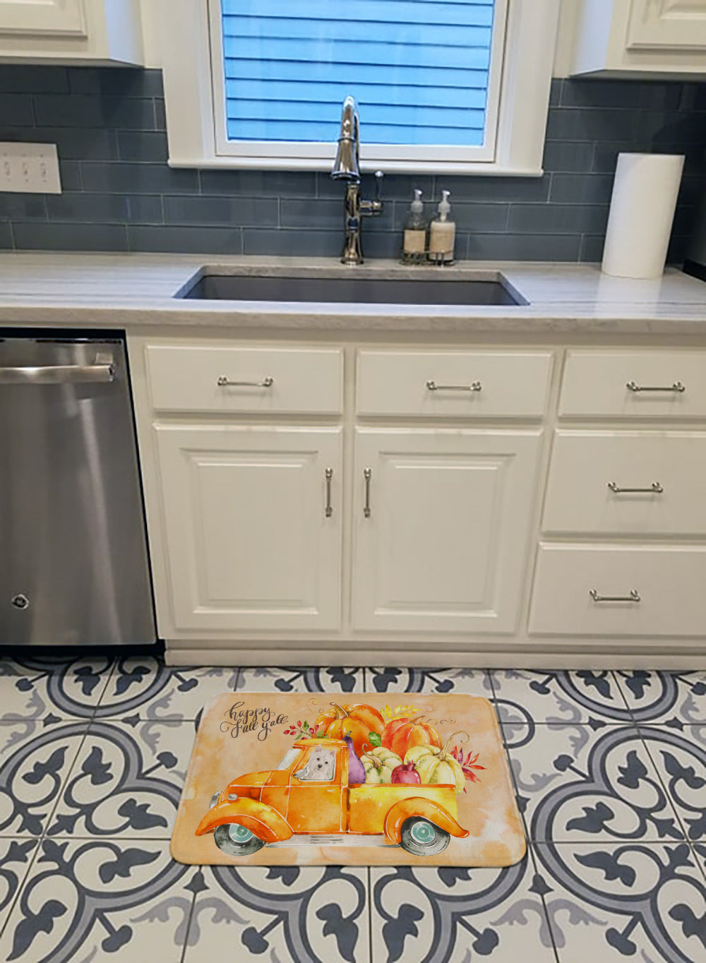 Fall Harvest Westie Memory Foam Kitchen Mat Machine Washable Anti-Fatigue Cushion Comfort Bath or Kitchen Rug