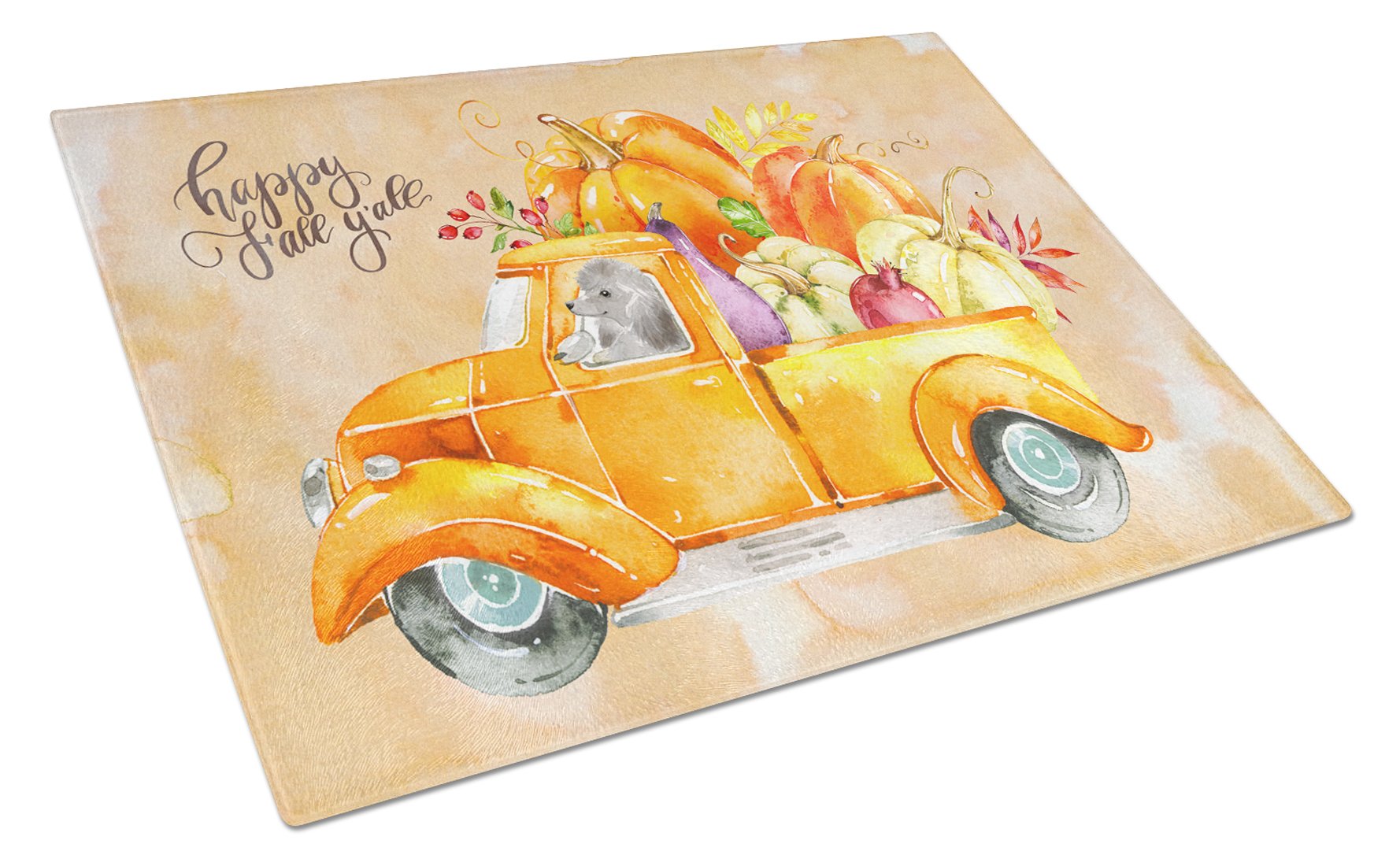 Fall Harvest Silver Poodle Cutting Board Tempered Glass Kitchen Cutting Surface, Heat Resistant Chopping, Non-Slip Feet, Food Prep & Serving