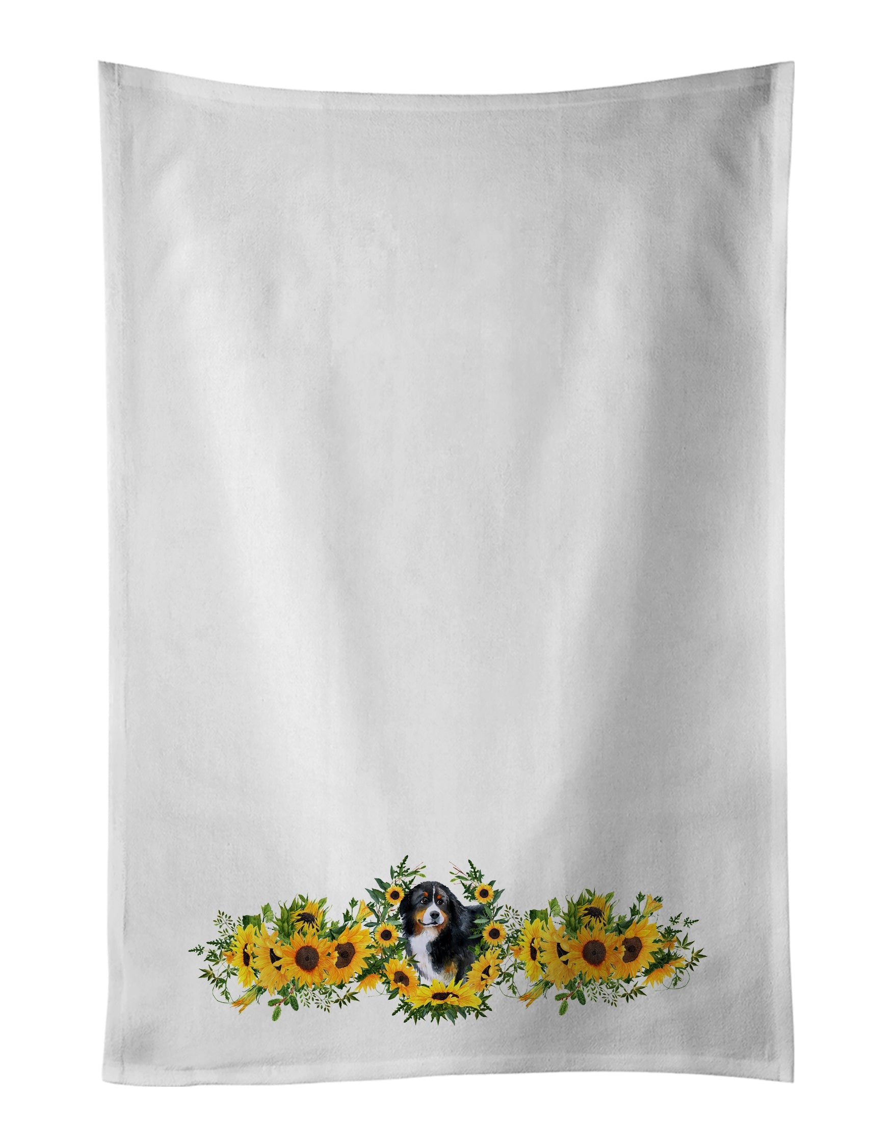 Bernese Mountain Dog in Sunflowers Kitchen Towel Set of 2 White Dish Towels Decorative Bathroom Hand towel for Hand, Face, Hair, Yoga, Tea, Dishcloth, 19 X 28", White