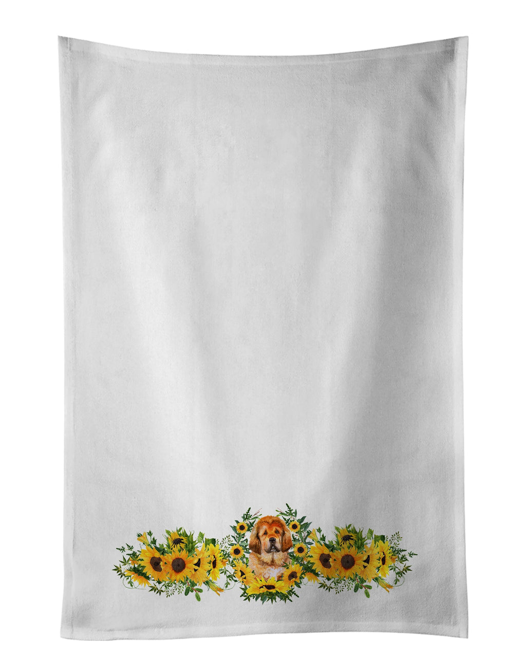 Tibetan Mastiff in Sunflowers Kitchen Towel Set of 2 White Dish Towels Decorative Bathroom Hand towel for Hand, Face, Hair, Yoga, Tea, Dishcloth, 19 X 28", White