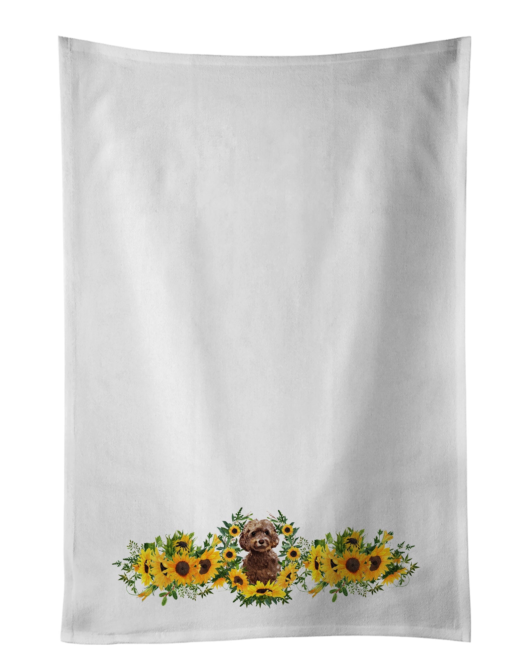 Brown Cockapoo in Sunflowers Kitchen Towel Set of 2 White Dish Towels Decorative Bathroom Hand towel for Hand, Face, Hair, Yoga, Tea, Dishcloth, 19 X 28", White