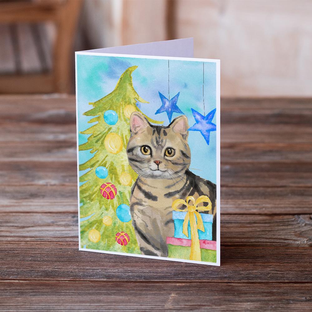 American Shorthair Brown Tabby Christmas Presents Greeting Cards Pack of 8 Blank Cards with Envelopes Whimsical A7 Size 5x7