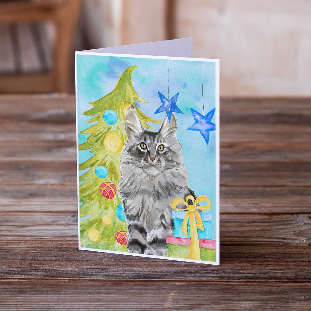 Maine Coon Christmas Presents Greeting Cards Pack of 8 Blank Cards with Envelopes Whimsical A7 Size 5x7