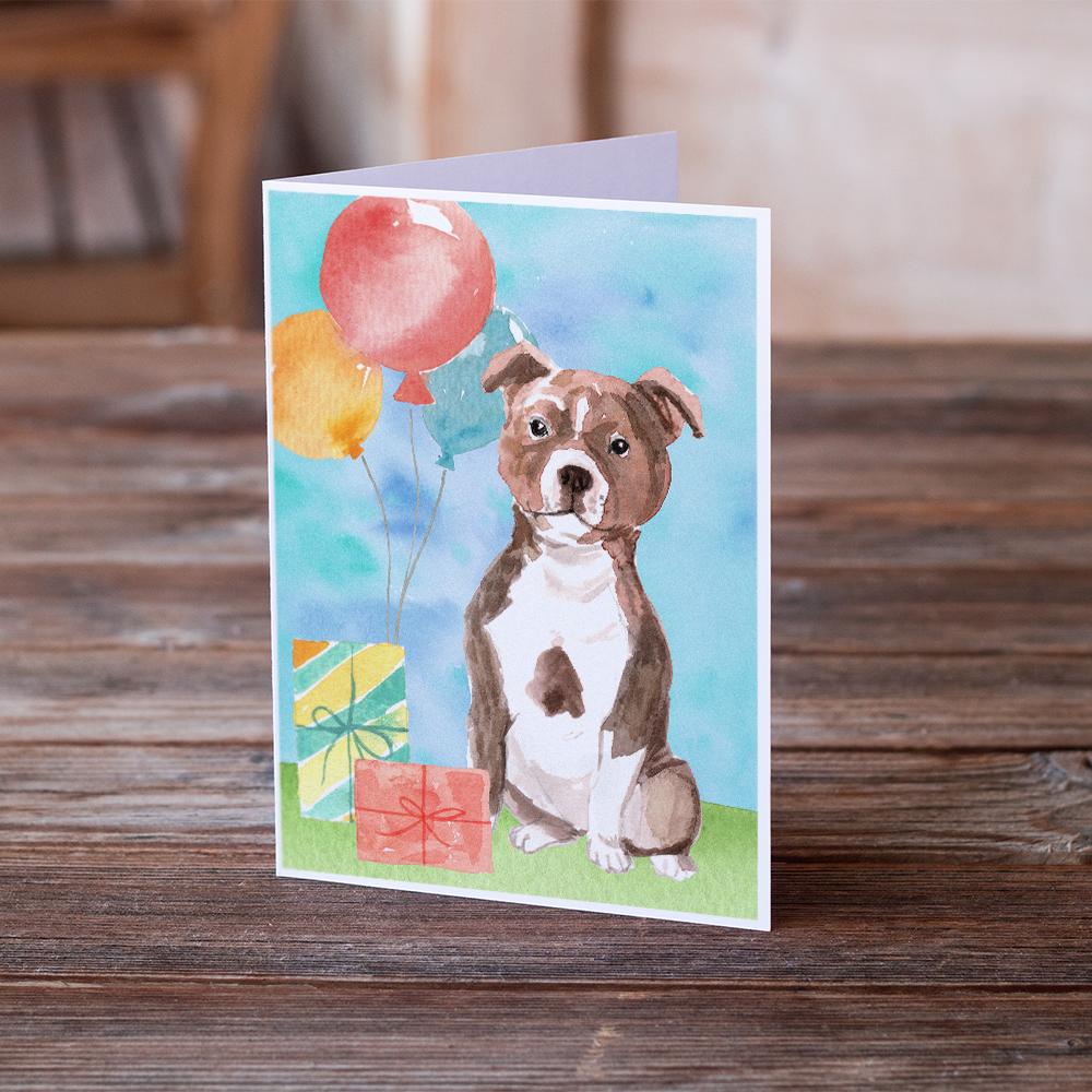 Happy Birthday Red Staffie Bull Greeting Cards Pack of 8 Blank Cards with Envelopes Whimsical A7 Size 5x7