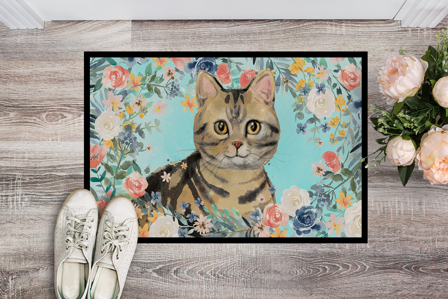 American Shorthair Brown Tabby Spring Flowers Doormat Indoor Outdoor 24H X 36W Front Door Mat Rugs for Entryway, Non Slip Washable Low Pile,