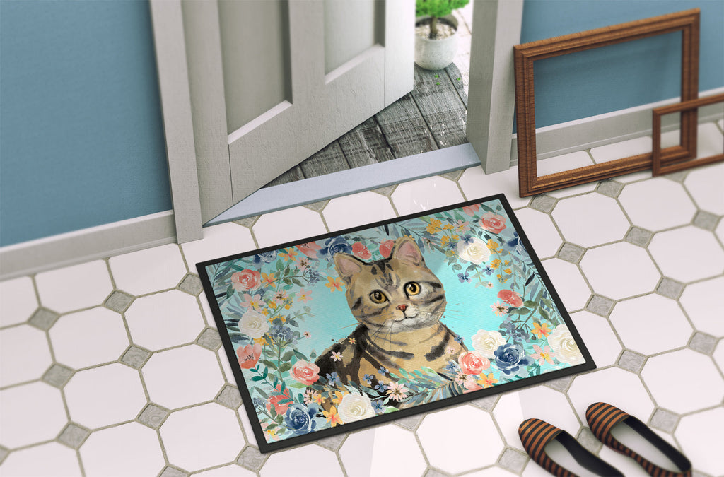 American Shorthair Brown Tabby Spring Flowers Doormat Indoor Outdoor 24H X 36W Front Door Mat Rugs for Entryway, Non Slip Washable Low Pile,