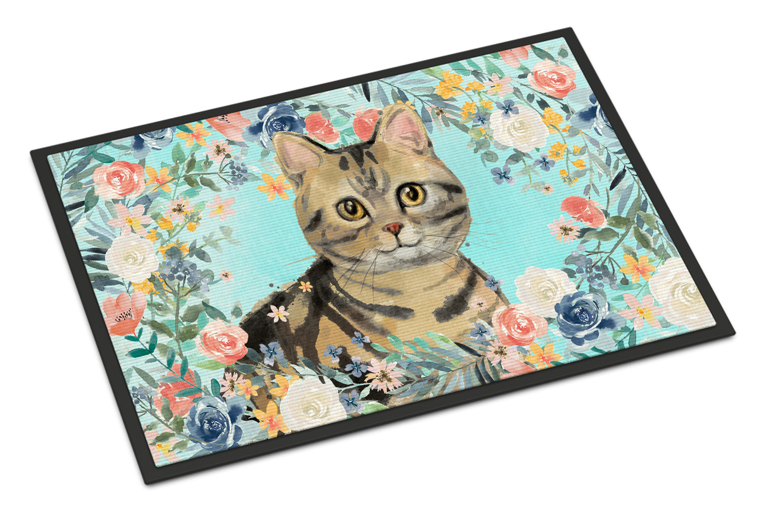 American Shorthair Brown Tabby Spring Flowers Doormat Indoor Outdoor 18H X 27W Front Door Mat Rugs for Entryway, Non Slip Washable