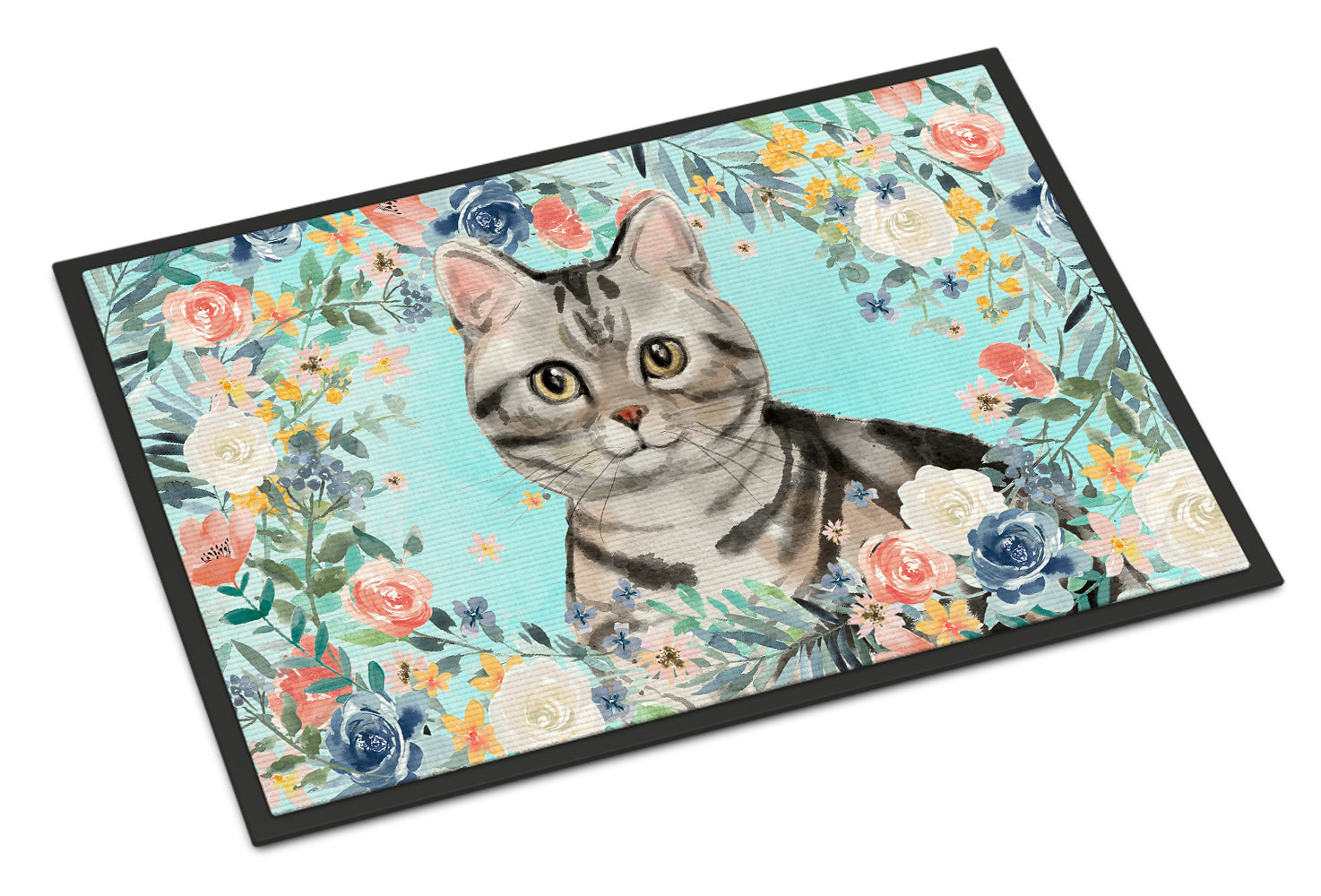 American Shorthair Spring Flowers Doormat Indoor Outdoor 24H X 36W Front Door Mat Rugs for Entryway, Non Slip Washable Low Pile,