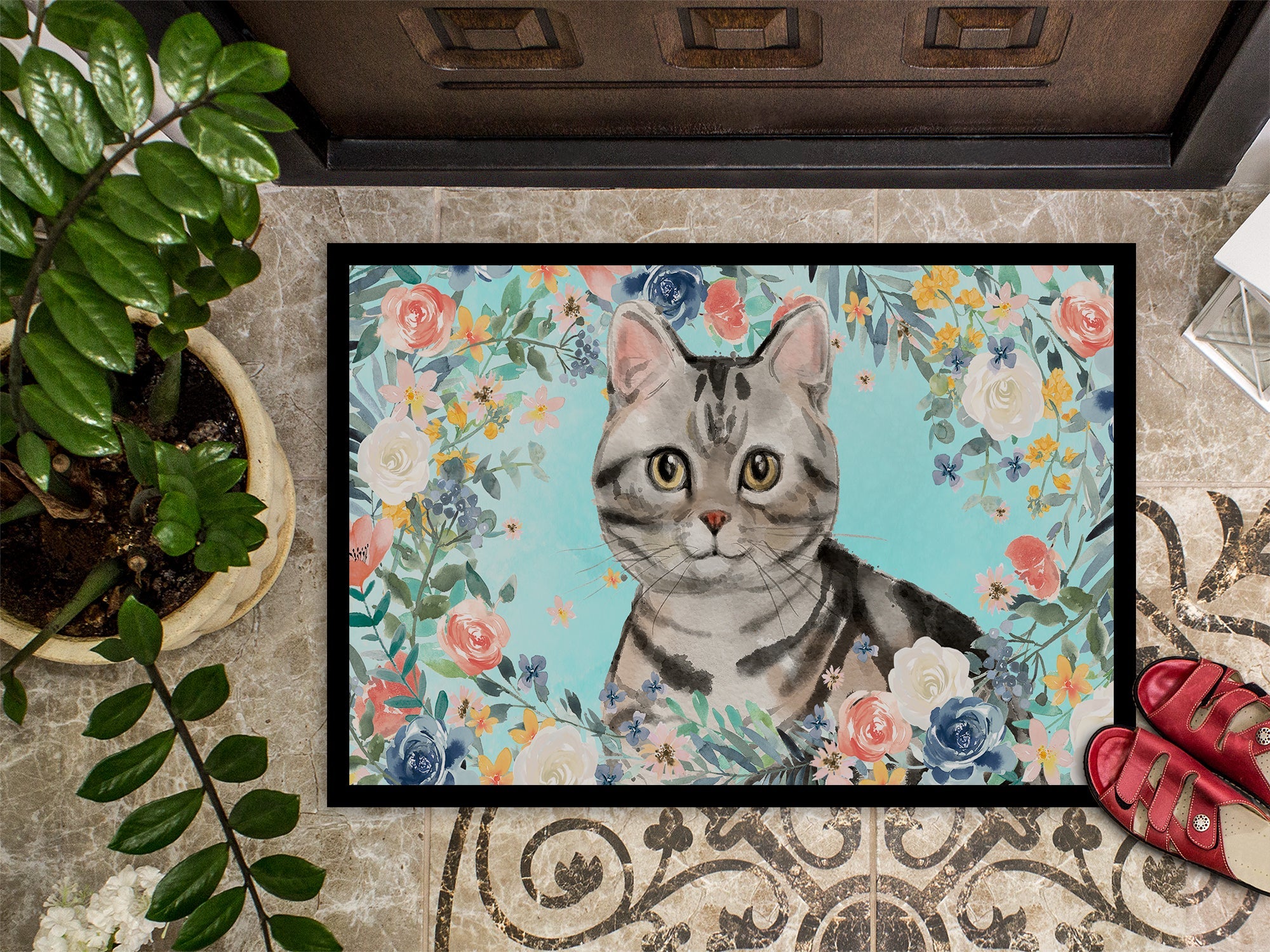 American Shorthair Spring Flowers Doormat Indoor Outdoor 24H X 36W Front Door Mat Rugs for Entryway, Non Slip Washable Low Pile,