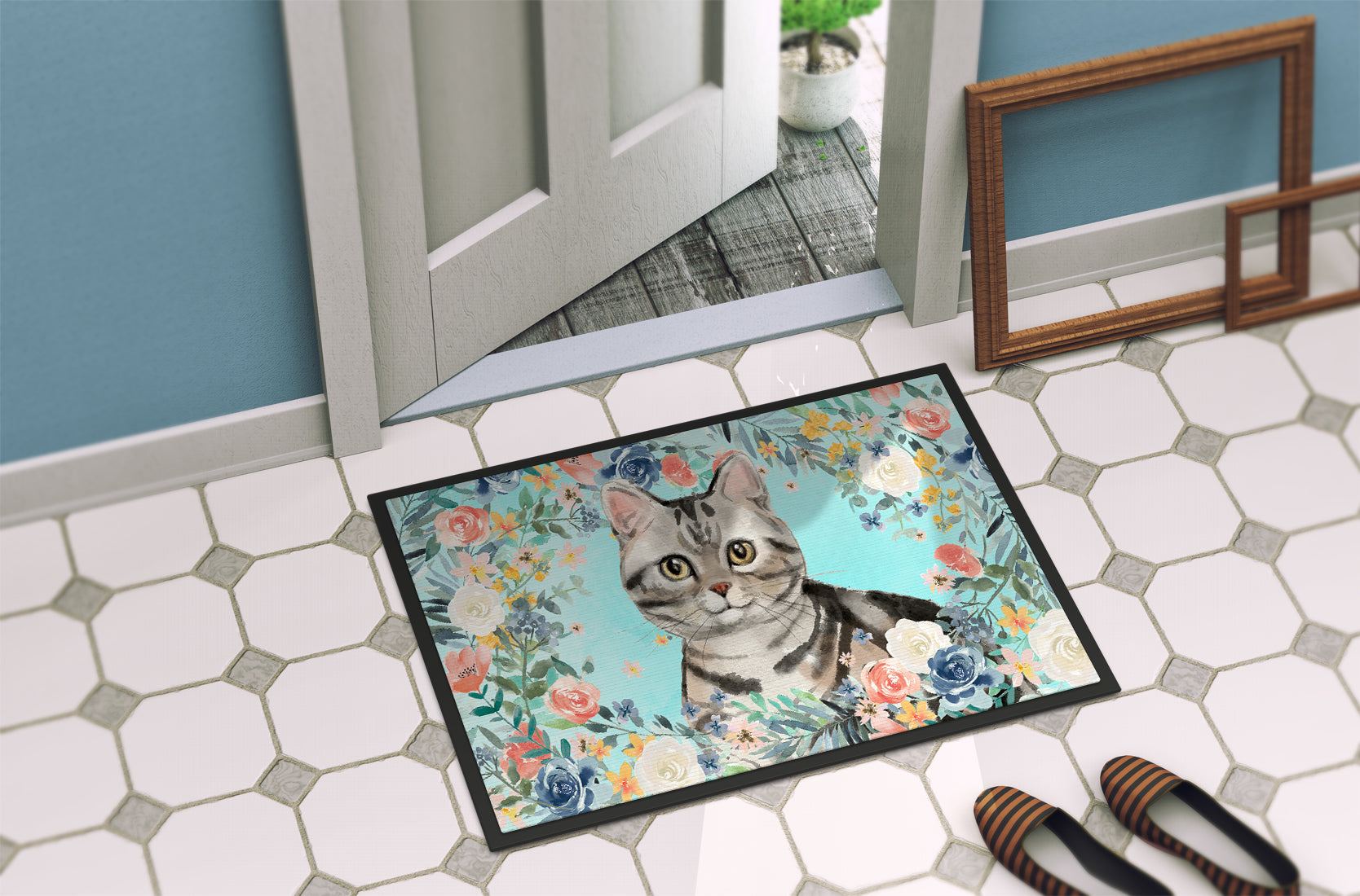 American Shorthair Spring Flowers Doormat Indoor Outdoor 18H X 27W Front Door Mat Rugs for Entryway, Non Slip Washable