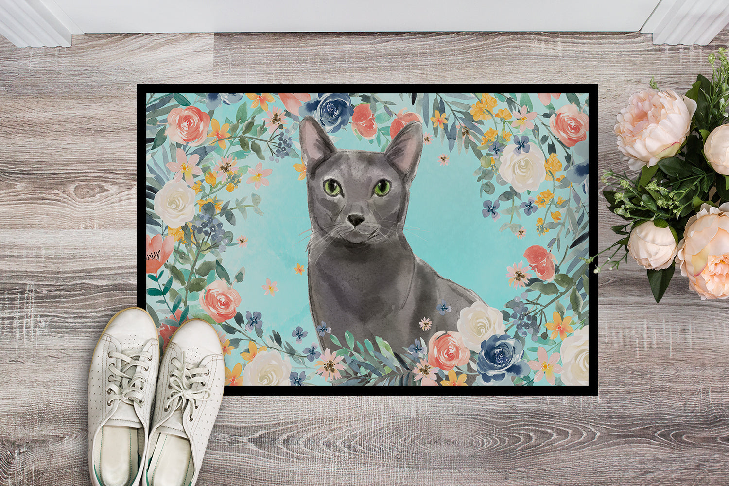 Blue Russian Spring Flowers Doormat Indoor Outdoor 18H X 27W Front Door Mat Rugs for Entryway, Non Slip Washable