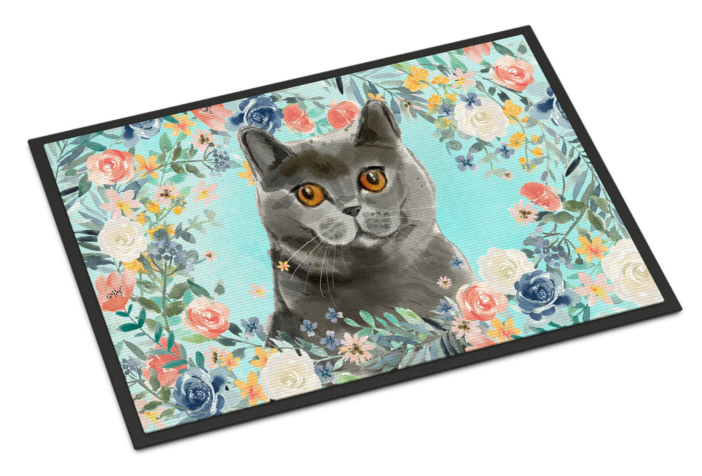 British Shorthair Spring Flowers Doormat Indoor Outdoor 18H X 27W Front Door Mat Rugs for Entryway, Non Slip Washable