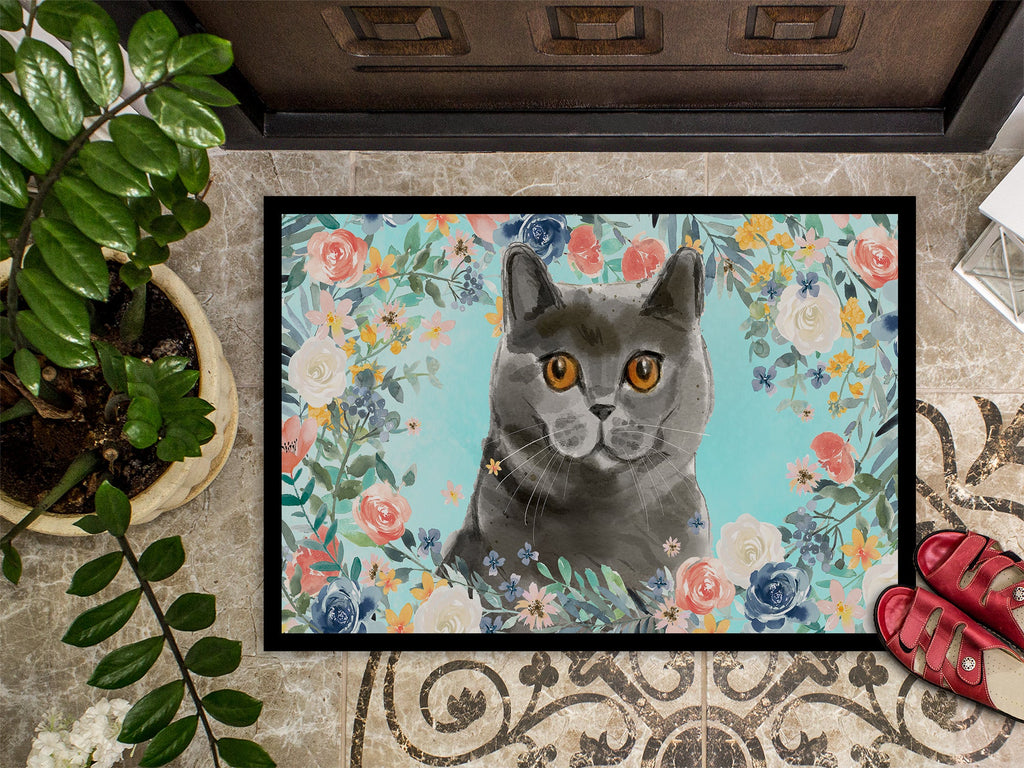 British Shorthair Spring Flowers Doormat Indoor Outdoor 18H X 27W Front Door Mat Rugs for Entryway, Non Slip Washable