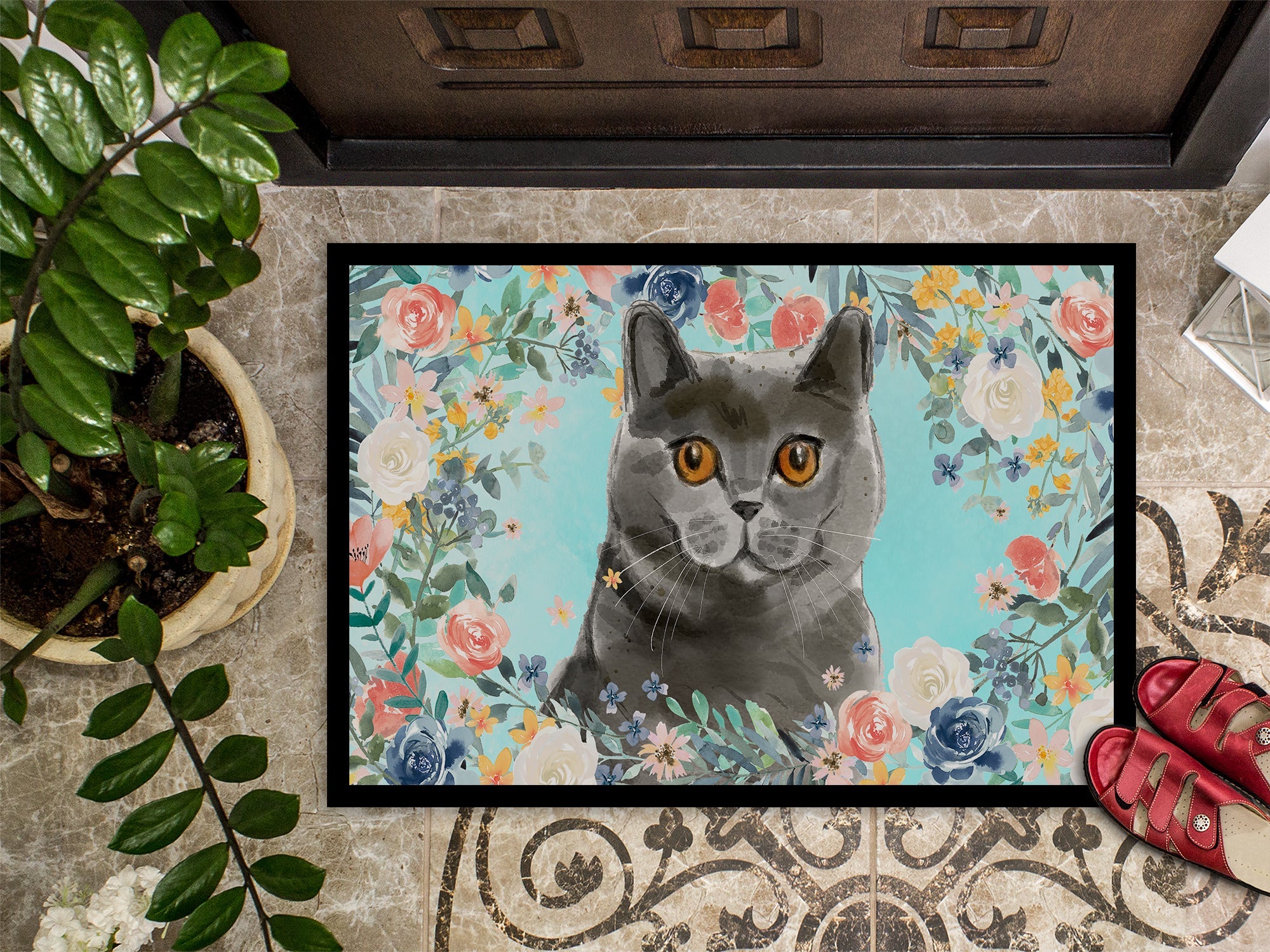 British Shorthair Spring Flowers Doormat Indoor Outdoor 18H X 27W Front Door Mat Rugs for Entryway, Non Slip Washable