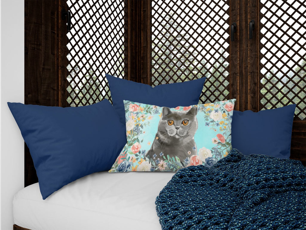 British Shorthair Spring Flowers Decorative Throw Pillow 12x16 Indoor Outdoor Accent Cushion, Fabric Cover with Insert for Sofa, Bed, Porch & Living Room