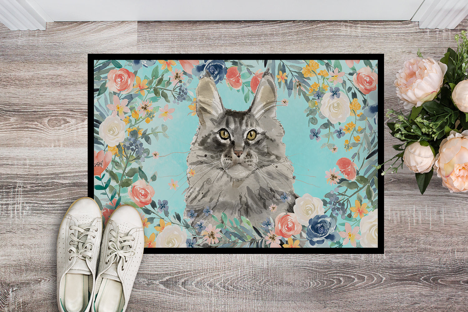 Maine Coon Spring Flowers Doormat Indoor Outdoor 24H X 36W Front Door Mat Rugs for Entryway, Non Slip Washable Low Pile,