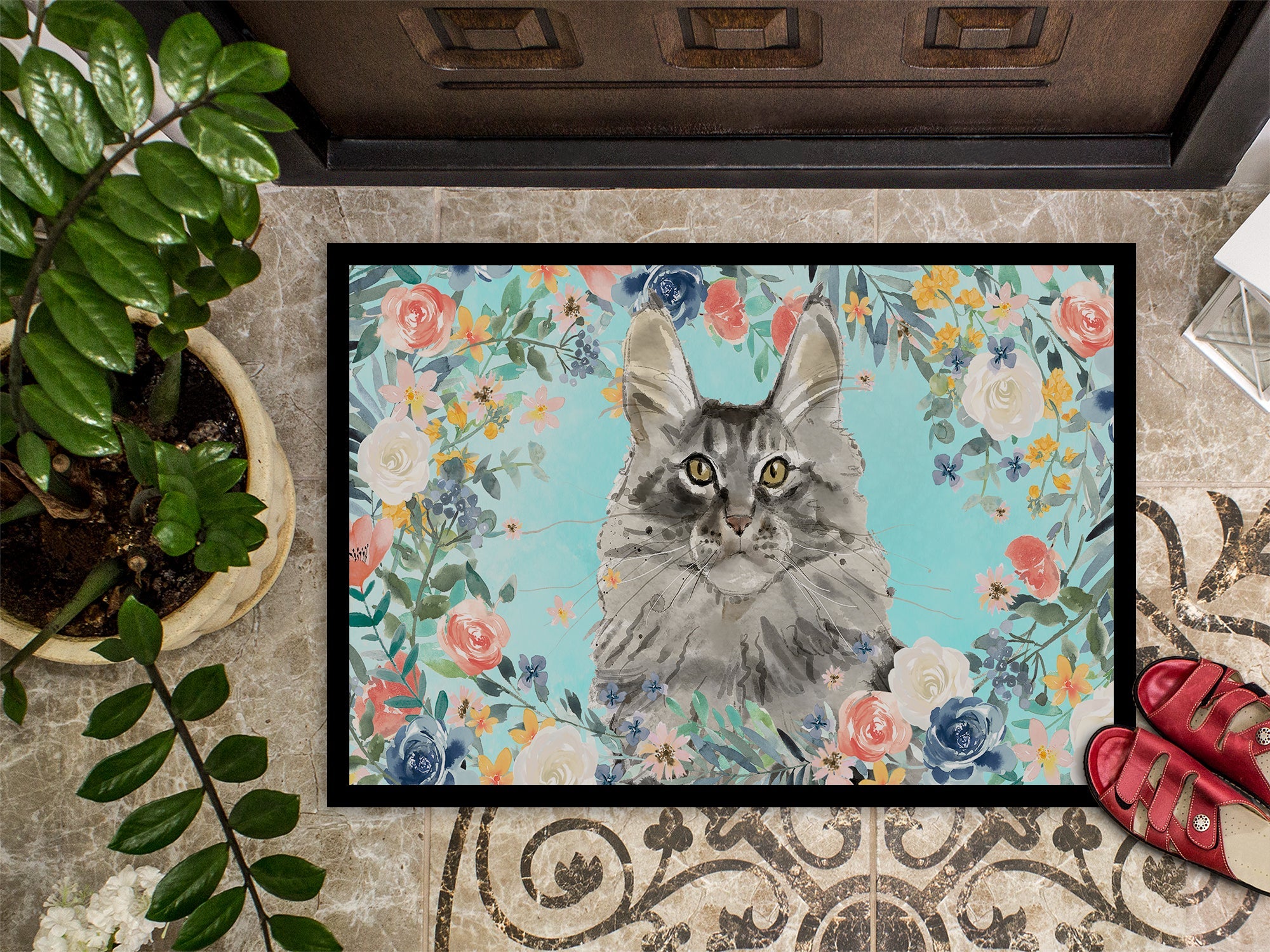 Maine Coon Spring Flowers Doormat Indoor Outdoor 18H X 27W Front Door Mat Rugs for Entryway, Non Slip Washable