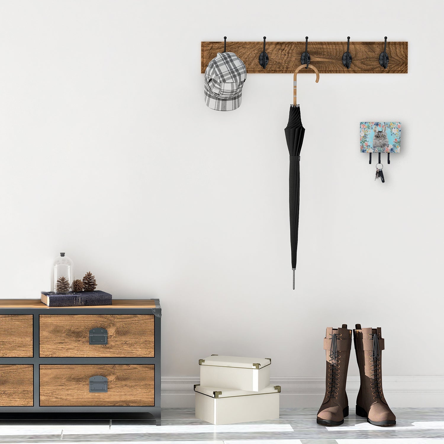 Maine Coon Spring Flowers Leash or Key Holder Wall Hooks, Coat Rack Wall Mount, for Hanging Keys, Towels, Aprons, Leashes