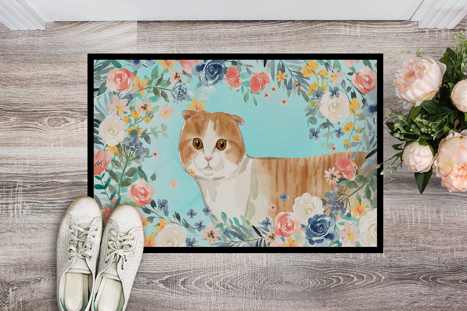 Scottish Fold Spring Flowers Doormat Indoor Outdoor 18H X 27W Front Door Mat Rugs for Entryway, Non Slip Washable