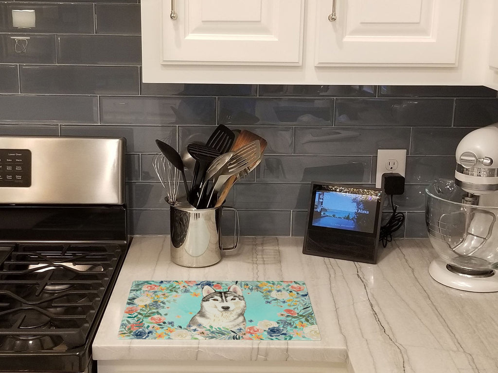Siberian Husky Cutting Board Tempered Glass Kitchen Cutting Surface, Heat Resistant Chopping, Non-Slip Feet, Food Prep & Serving