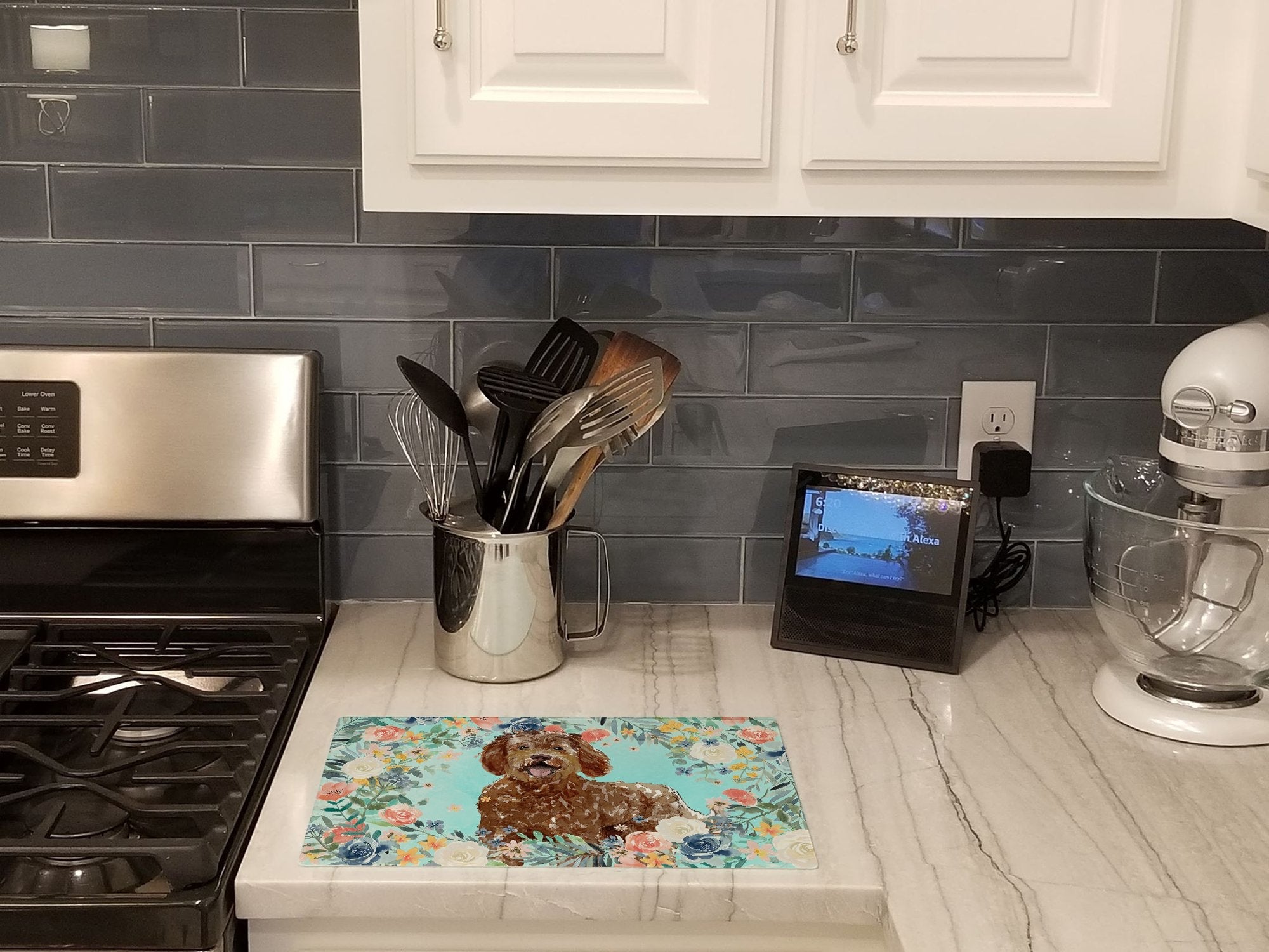 Labradoodle Cutting Board Tempered Glass Kitchen Cutting Surface, Heat Resistant Chopping, Non-Slip Feet, Food Prep & Serving