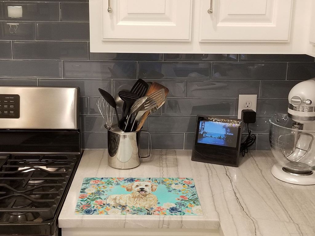 Goldendoodle Cutting Board Tempered Glass Kitchen Cutting Surface, Heat Resistant Chopping, Non-Slip Feet, Food Prep & Serving