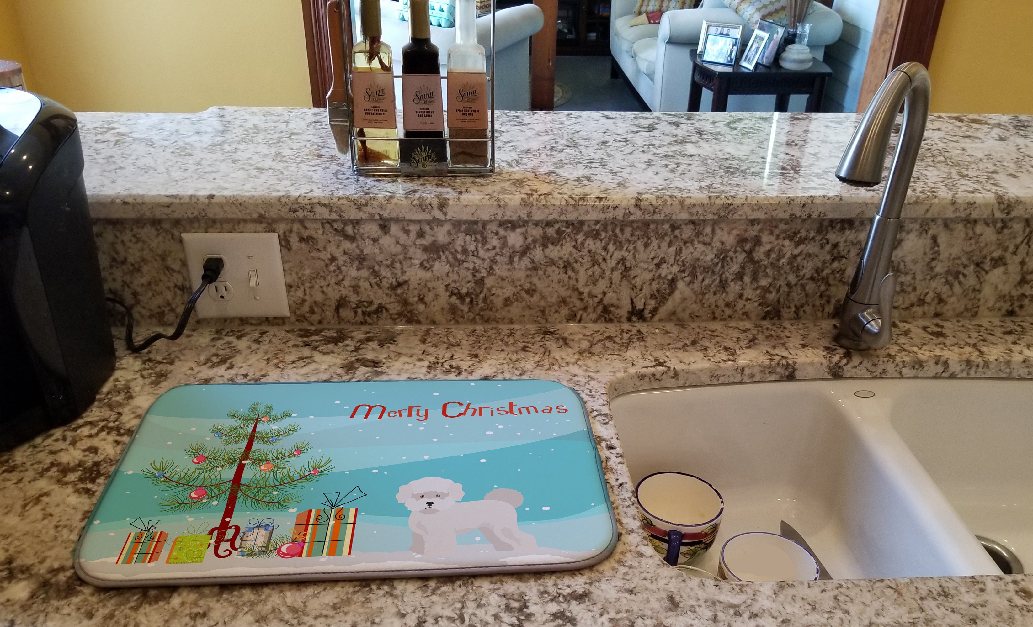 Bichon Frise Christmas Tree Dish Drying Mat Absorbent Dish Drying Mat Pad for Kitchen Counter Dish Drainer Mat for Countertop, 14 x 21", Multicolor