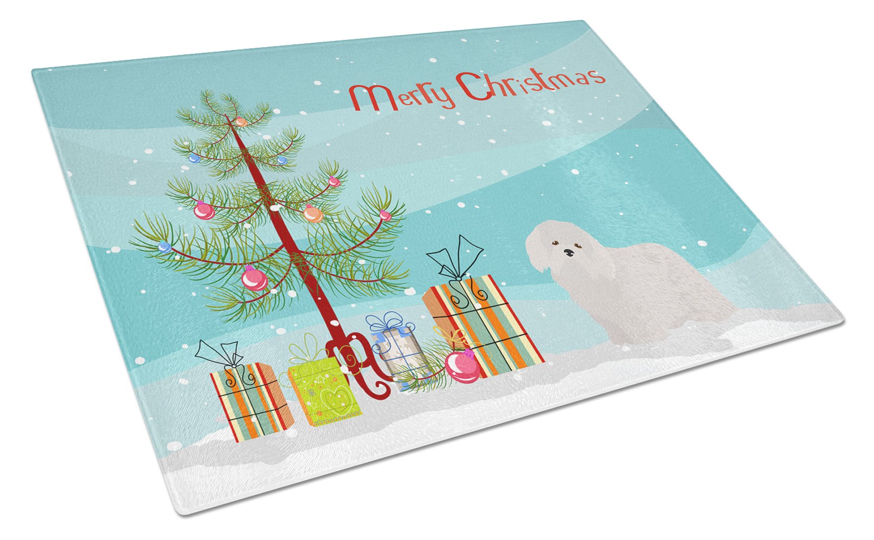 Coton de Tulear Christmas Tree Cutting Board Tempered Glass Kitchen Cutting Surface, Heat Resistant Chopping, Non-Slip Feet, Food Prep & Serving
