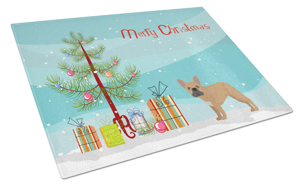 French Bulldog Christmas Tree Cutting Board Tempered Glass Kitchen Cutting Surface, Heat Resistant Chopping, Non-Slip Feet, Food Prep & Serving