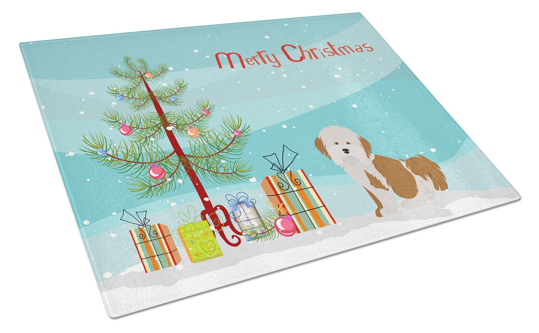 Havanese Christmas Tree Cutting Board Tempered Glass Kitchen Cutting Surface, Heat Resistant Chopping, Non-Slip Feet, Food Prep & Serving