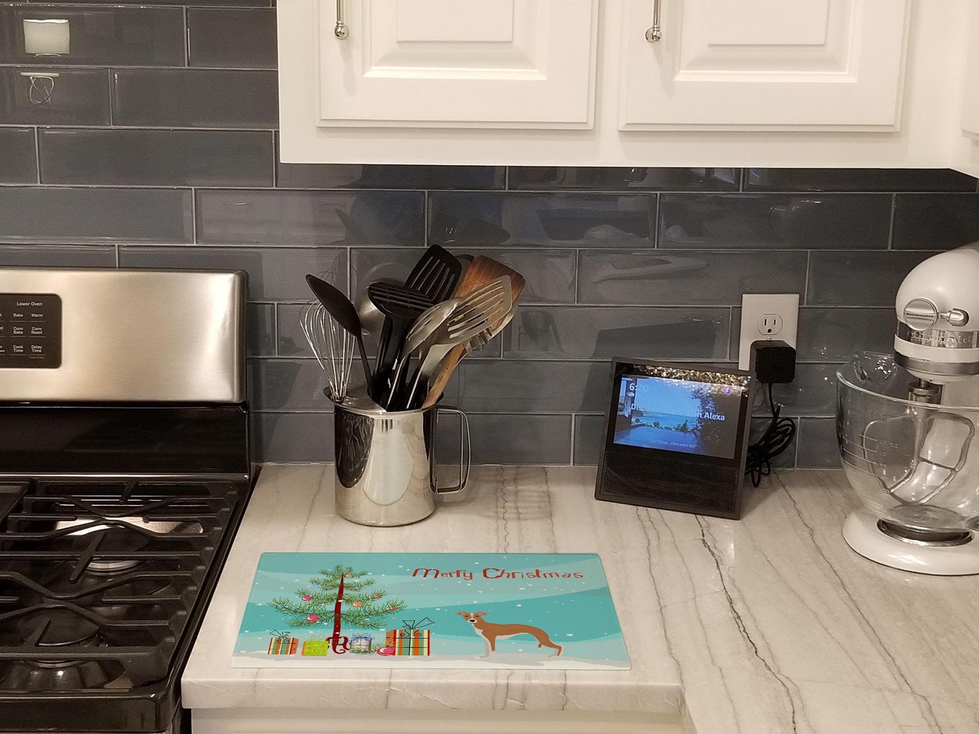 Italian Greyhound Christmas Tree Cutting Board Tempered Glass Kitchen Cutting Surface, Heat Resistant Chopping, Non-Slip Feet, Food Prep & Serving