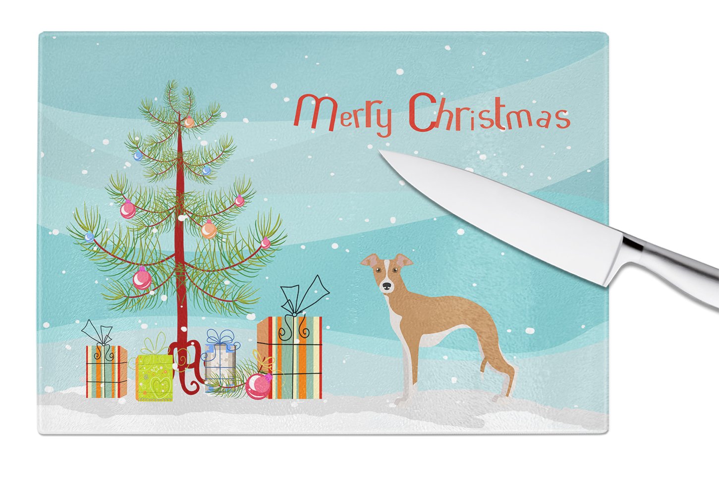 Italian Greyhound Christmas Tree Cutting Board Tempered Glass Kitchen Cutting Surface, Heat Resistant Chopping, Non-Slip Feet, Food Prep & Serving