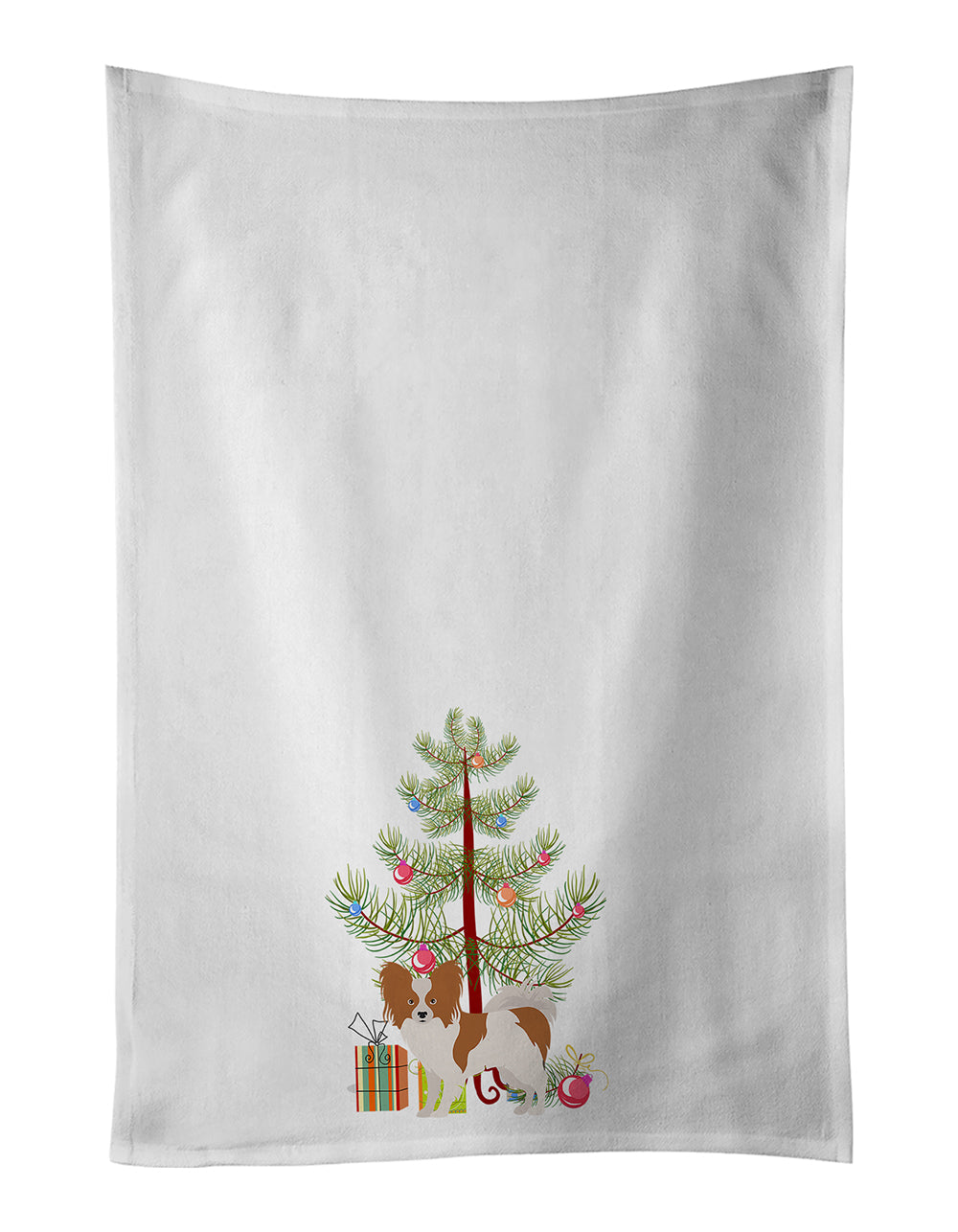 Papillon Christmas Tree Kitchen Towel Set of 2 White Dish Towels Decorative Bathroom Hand towel for Hand, Face, Hair, Yoga, Tea, Dishcloth, 19 X 28", White